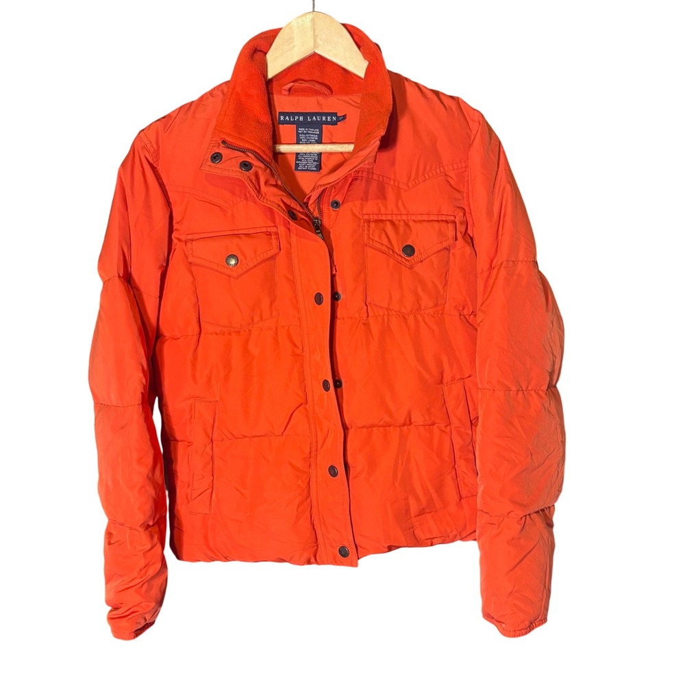 Ralph Lauren Puffer Jacket Mens Small Orange Down Filled Western Yoke Coat